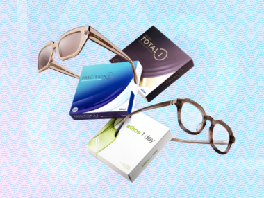 two pairs of glasses floating around three pairs of contacts