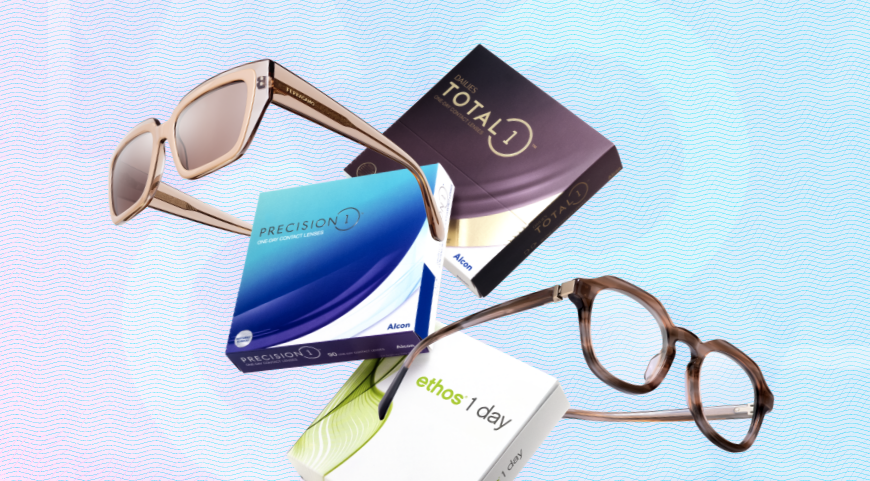 two pairs of glasses floating around three pairs of contacts